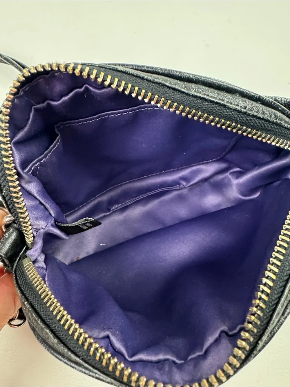 Coach Poppy Black Leather Crossbody with Silver zip & Charm purple lining